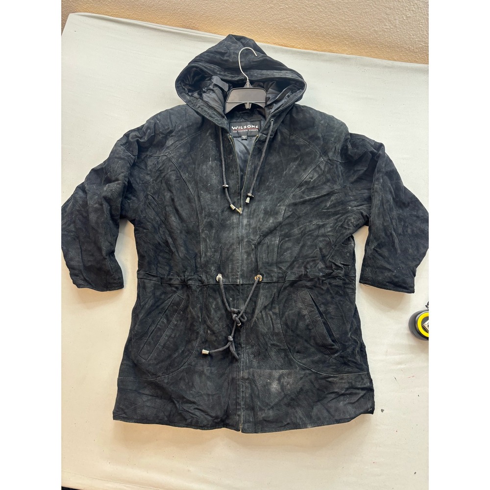 Wilsons The Leather Experts Black Suede Hooded Parka Jacket Drawstring Waist M